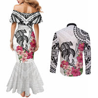 White Polynesian Hammerhead Shark Tribal Pattern Couples Matching Mermaid Dress and Long Sleeve Button Shirt