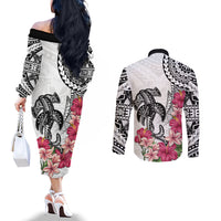 White Polynesian Hammerhead Shark Tribal Pattern Couples Matching Off The Shoulder Long Sleeve Dress and Long Sleeve Button Shirt LT05 - Polynesian Pride