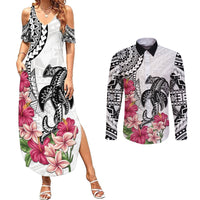 White Polynesian Hammerhead Shark Tribal Pattern Couples Matching Summer Maxi Dress and Long Sleeve Button Shirt LT05 White - Polynesian Pride