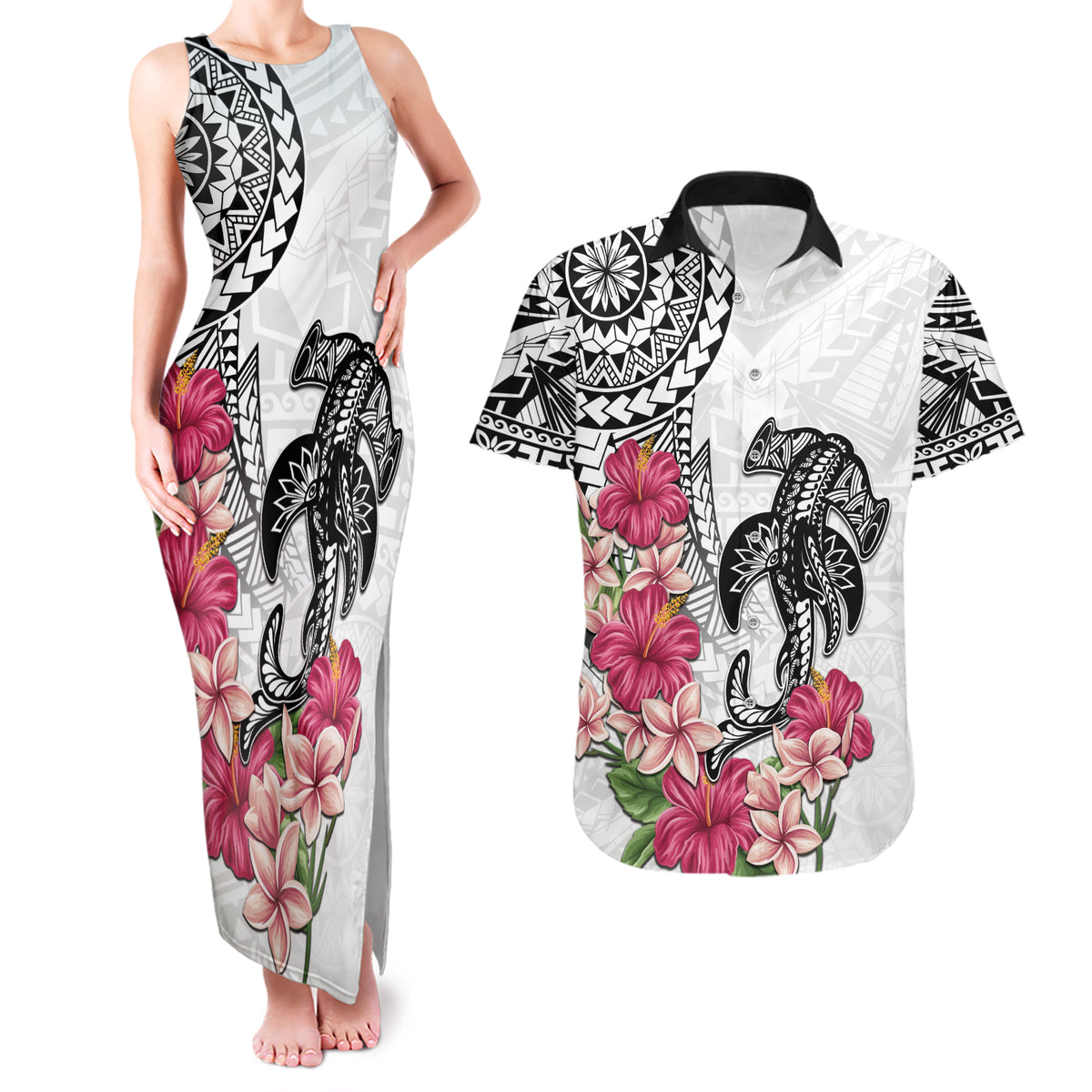 White Polynesian Hammerhead Shark Tribal Pattern Couples Matching Tank Maxi Dress and Hawaiian Shirt