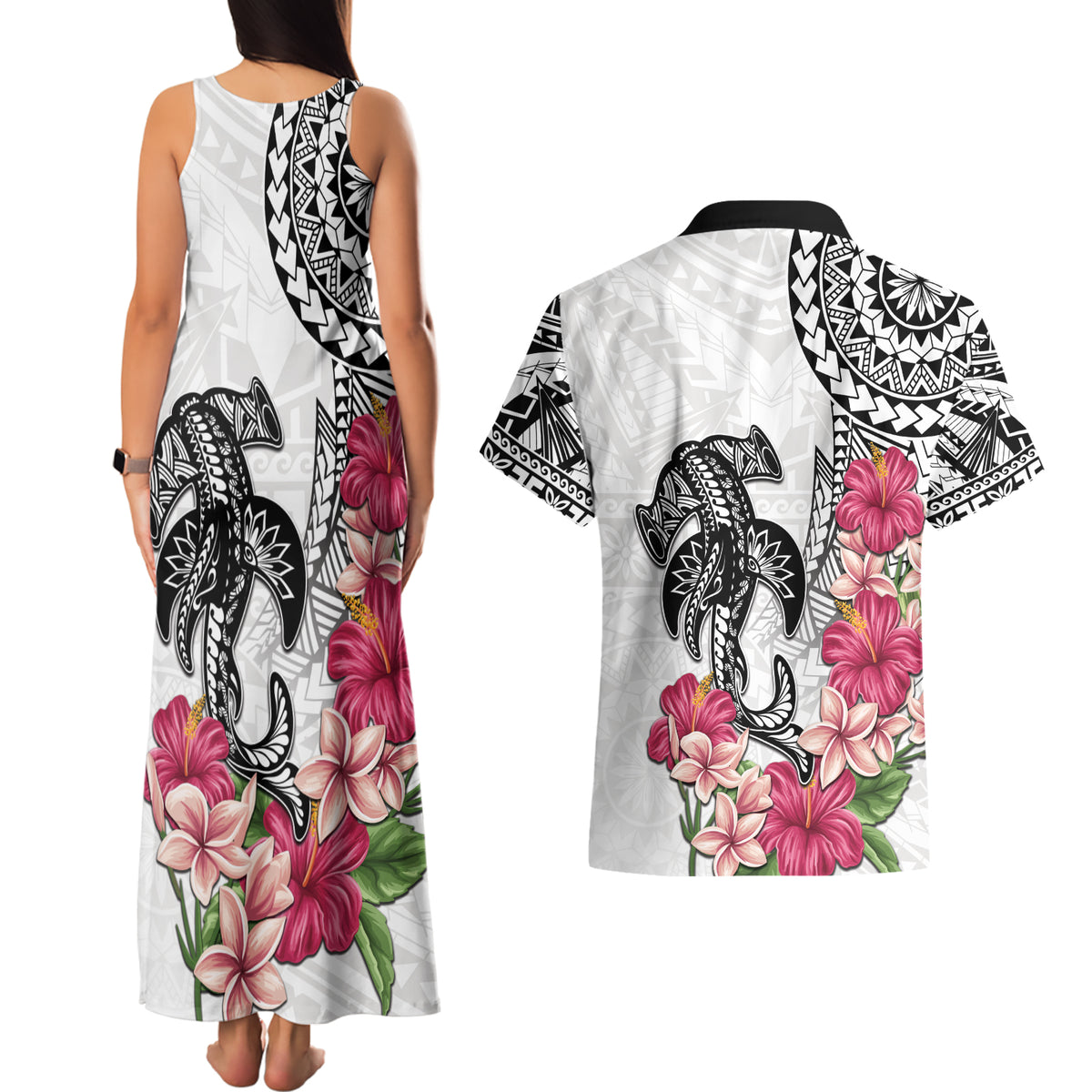 White Polynesian Hammerhead Shark Tribal Pattern Couples Matching Tank Maxi Dress and Hawaiian Shirt
