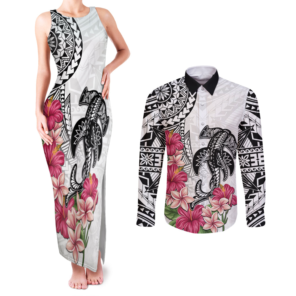 White Polynesian Hammerhead Shark Tribal Pattern Couples Matching Tank Maxi Dress and Long Sleeve Button Shirt