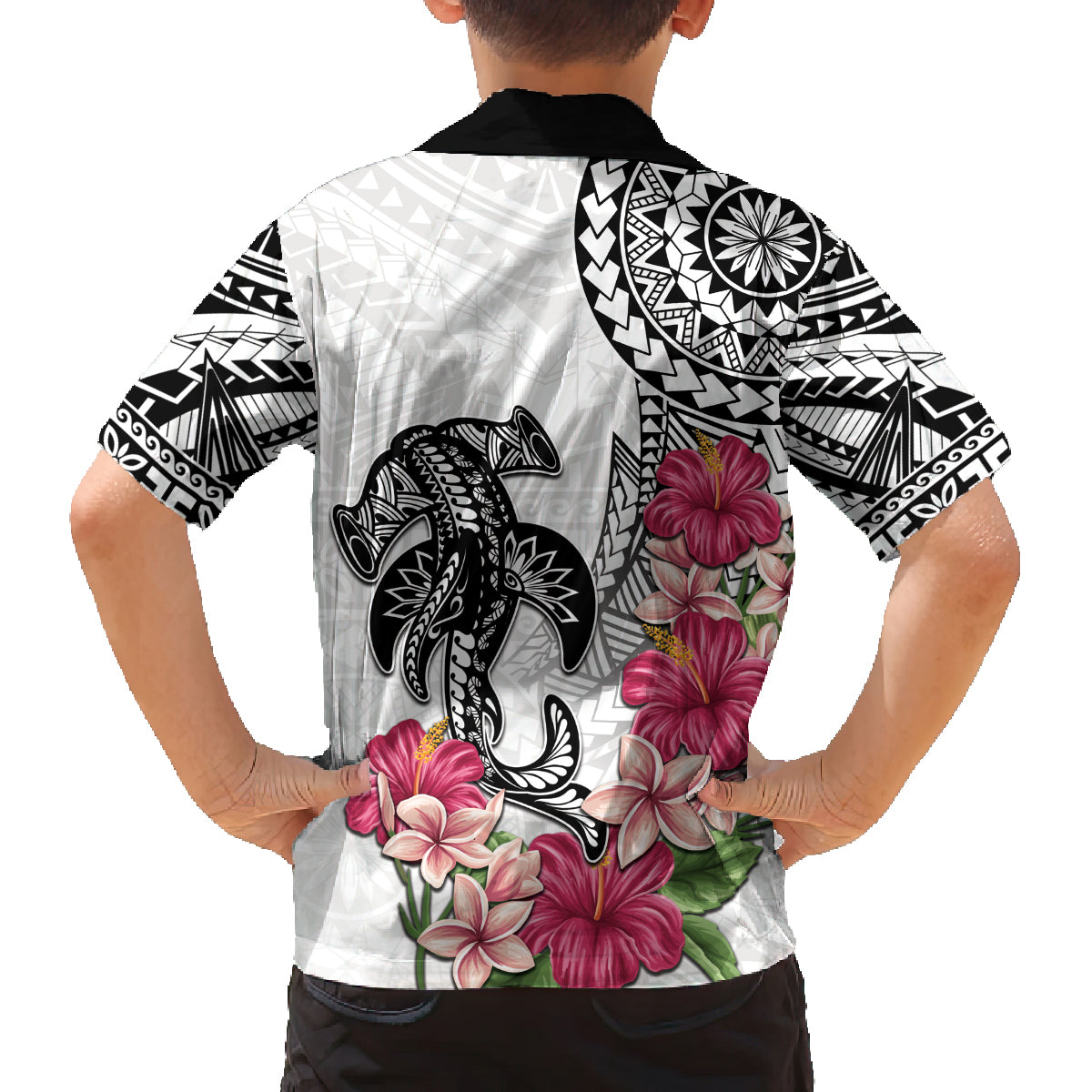 White Polynesian Hammerhead Shark Tribal Pattern Family Matching Long Sleeve Bodycon Dress and Hawaiian Shirt LT05 - Polynesian Pride
