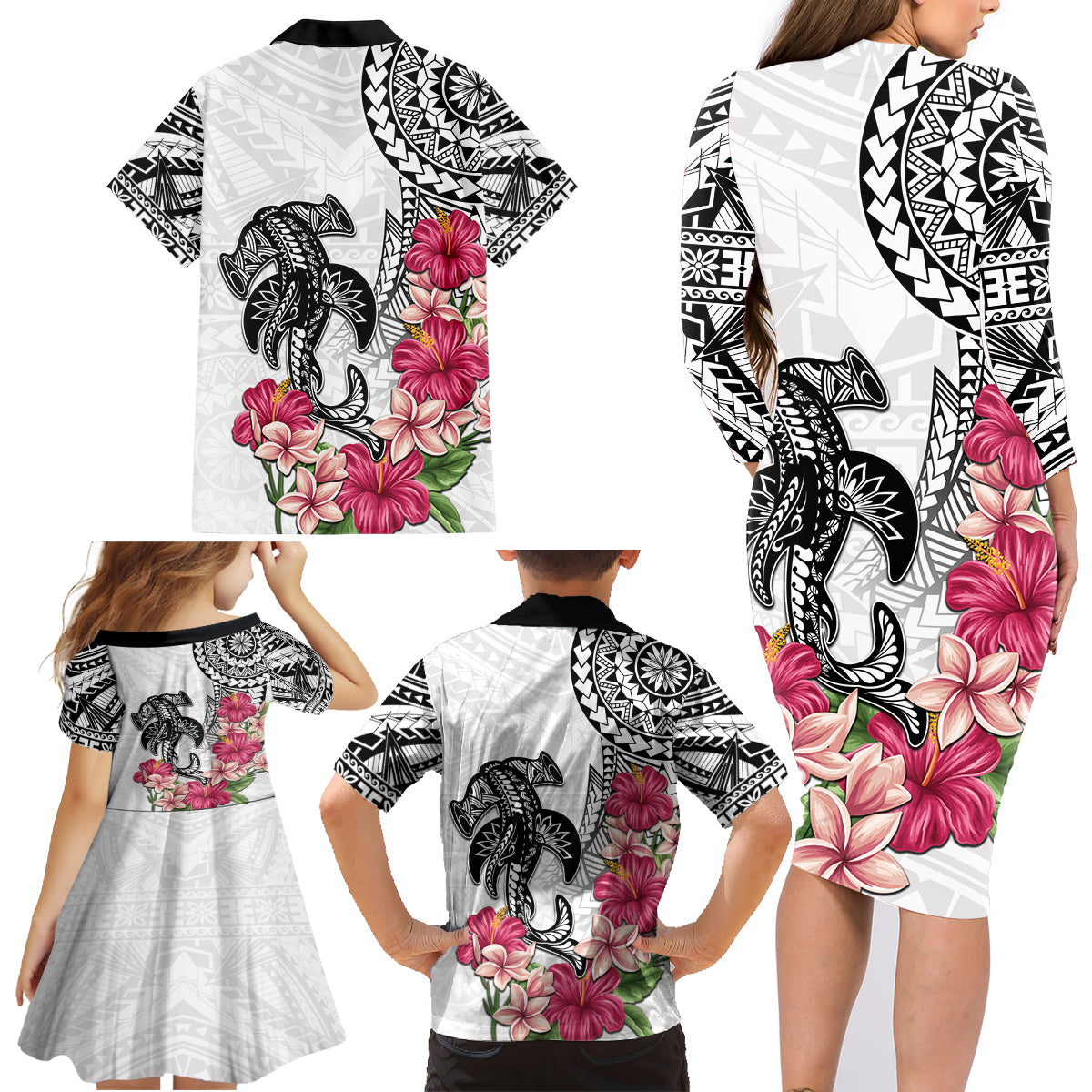 White Polynesian Hammerhead Shark Tribal Pattern Family Matching Long Sleeve Bodycon Dress and Hawaiian Shirt LT05 - Polynesian Pride