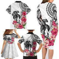 White Polynesian Hammerhead Shark Tribal Pattern Family Matching Long Sleeve Bodycon Dress and Hawaiian Shirt LT05 - Polynesian Pride