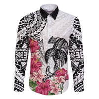 White Polynesian Hammerhead Shark Tribal Pattern Family Matching Long Sleeve Bodycon Dress and Hawaiian Shirt LT05 Dad's Shirt - Long Sleeve White - Polynesian Pride