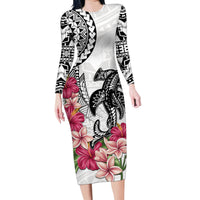 White Polynesian Hammerhead Shark Tribal Pattern Family Matching Long Sleeve Bodycon Dress and Hawaiian Shirt LT05 Mom's Dress White - Polynesian Pride
