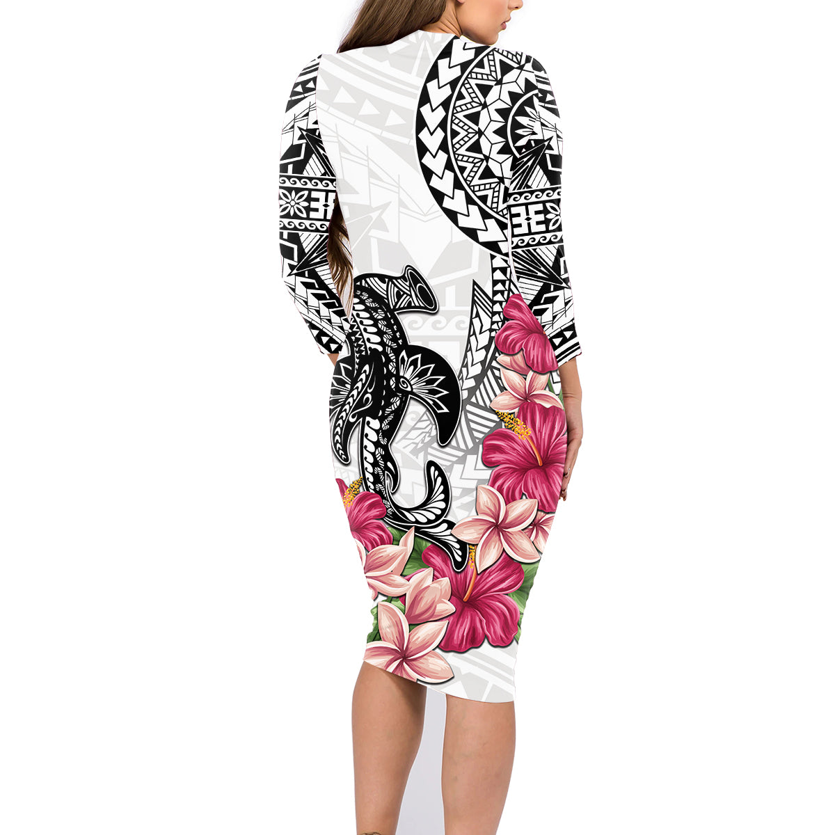 White Polynesian Hammerhead Shark Tribal Pattern Family Matching Long Sleeve Bodycon Dress and Hawaiian Shirt LT05 - Polynesian Pride