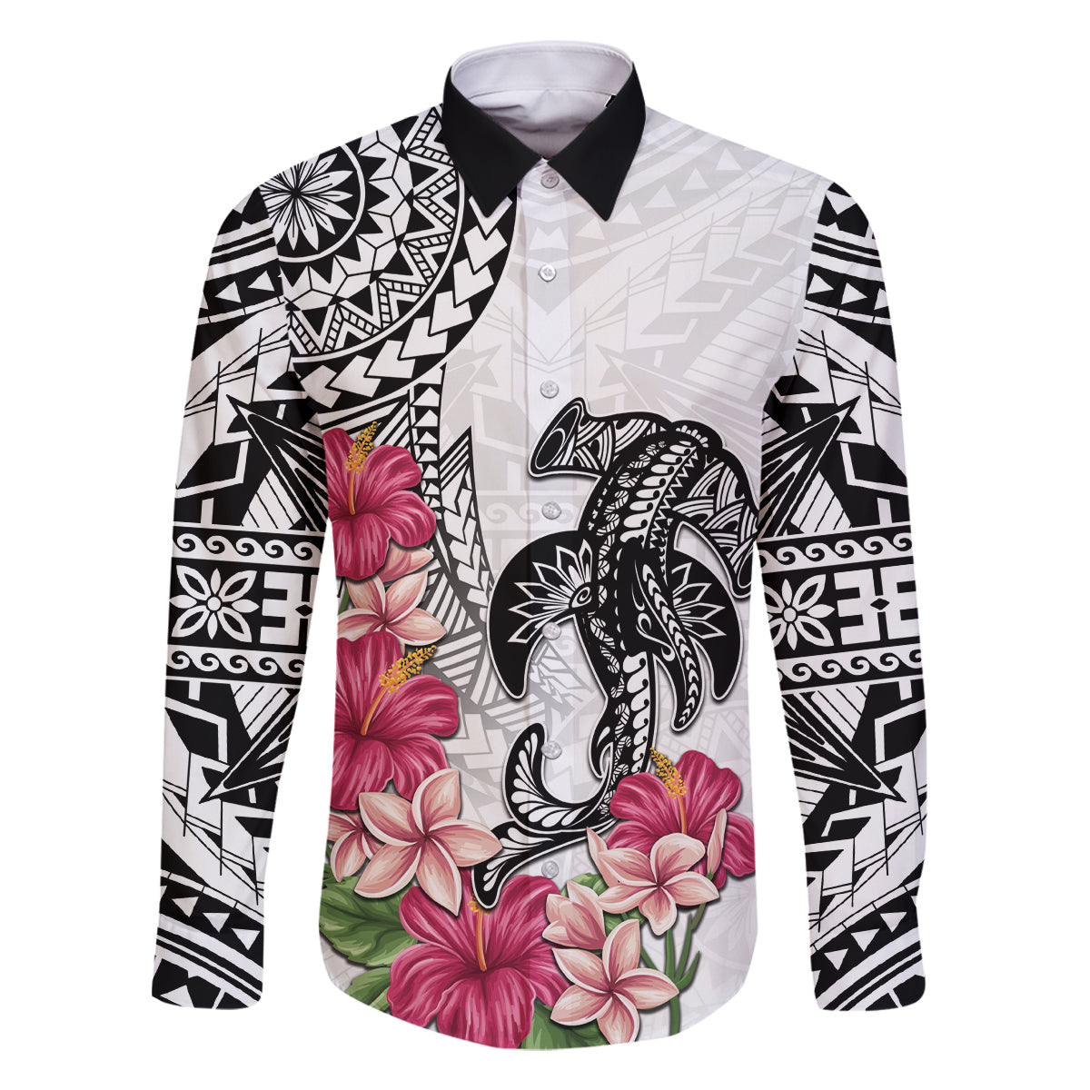 White Polynesian Hammerhead Shark Tribal Pattern Family Matching Off Shoulder Maxi Dress and Hawaiian Shirt