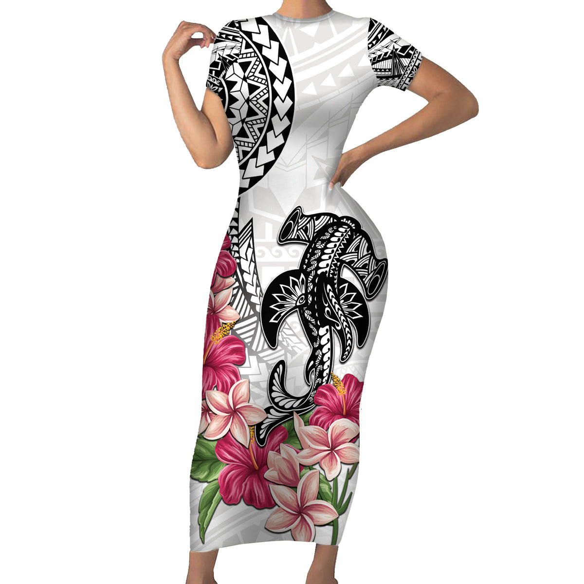 White Polynesian Hammerhead Shark Tribal Pattern Family Matching Short Sleeve Bodycon Dress and Hawaiian Shirt
