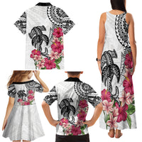 White Polynesian Hammerhead Shark Tribal Pattern Family Matching Tank Maxi Dress and Hawaiian Shirt