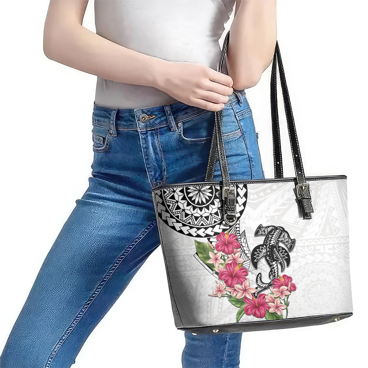 White Polynesian Hammerhead Shark Tribal Pattern Leather Tote Bag