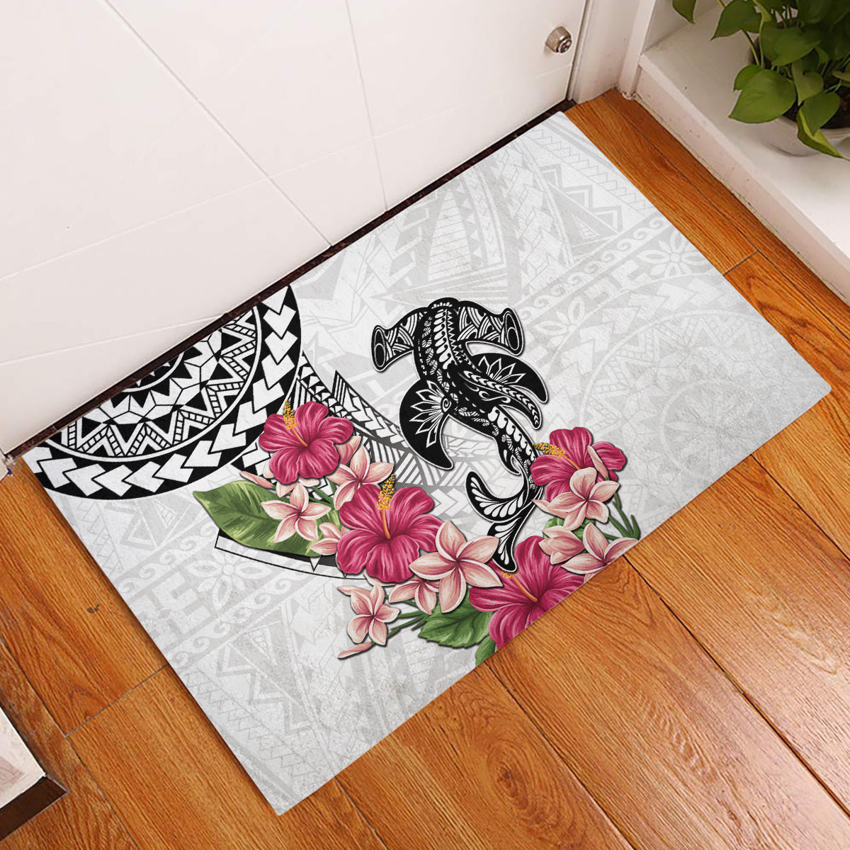 White Polynesian Hammerhead Shark Tribal Pattern Rubber Doormat LT05 White - Polynesian Pride