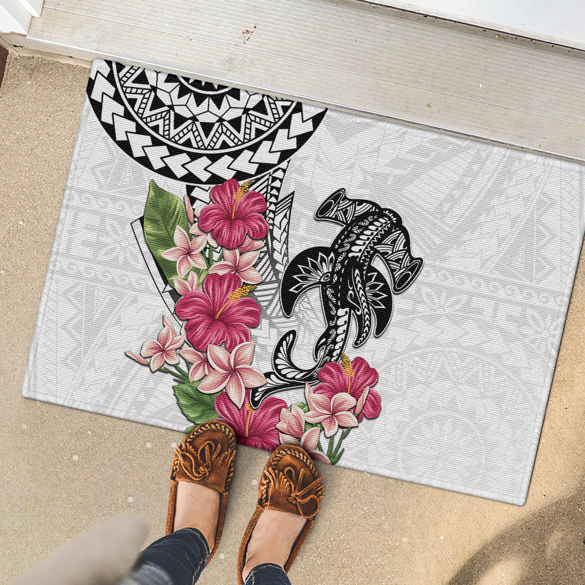 White Polynesian Hammerhead Shark Tribal Pattern Rubber Doormat
