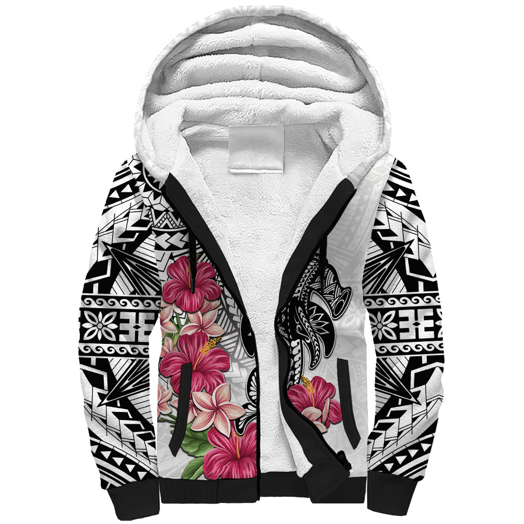 White Polynesian Hammerhead Shark Tribal Pattern Sherpa Hoodie