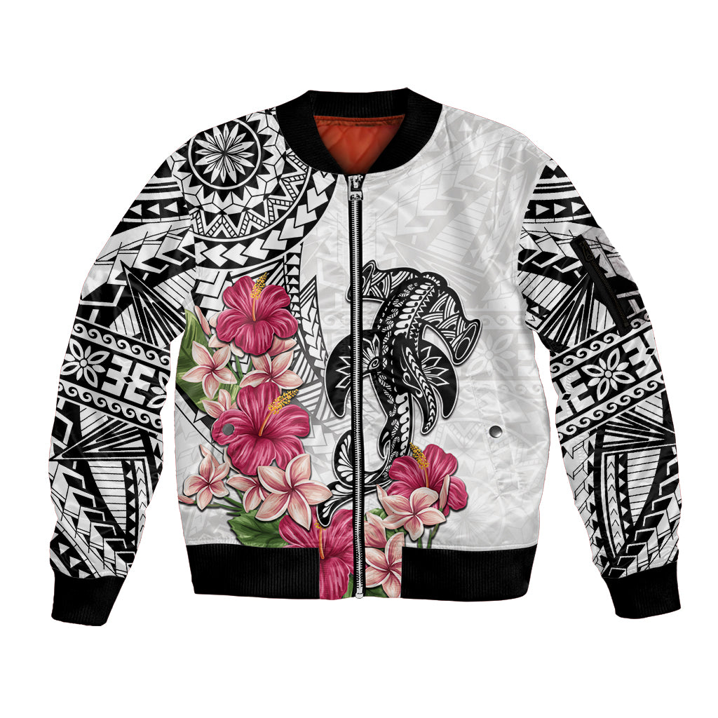 White Polynesian Hammerhead Shark Tribal Pattern Sleeve Zip Bomber Jacket
