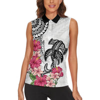 White Polynesian Hammerhead Shark Tribal Pattern Women Sleeveless Polo Shirt