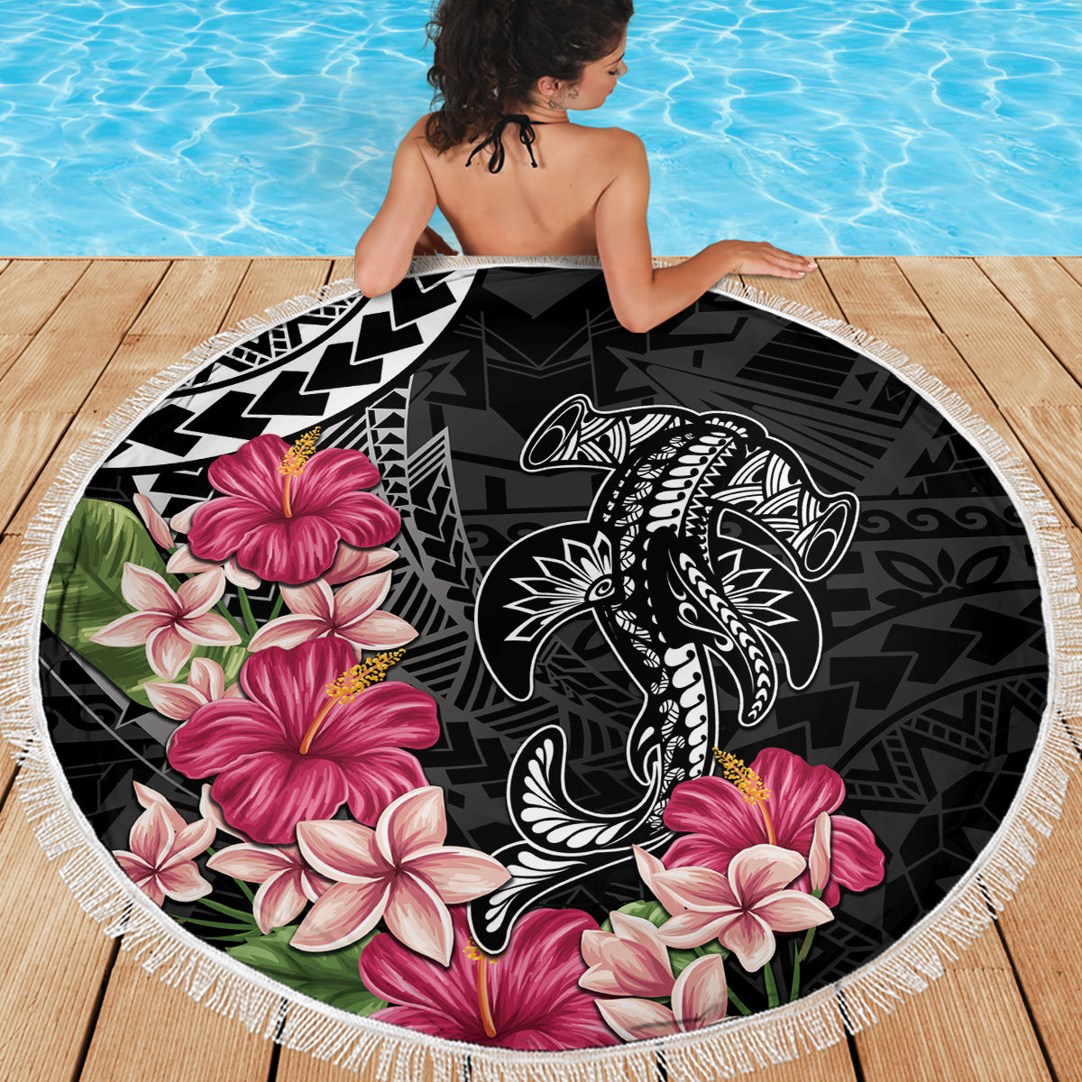 Black Polynesian Hammerhead Shark Tribal Pattern Beach Blanket