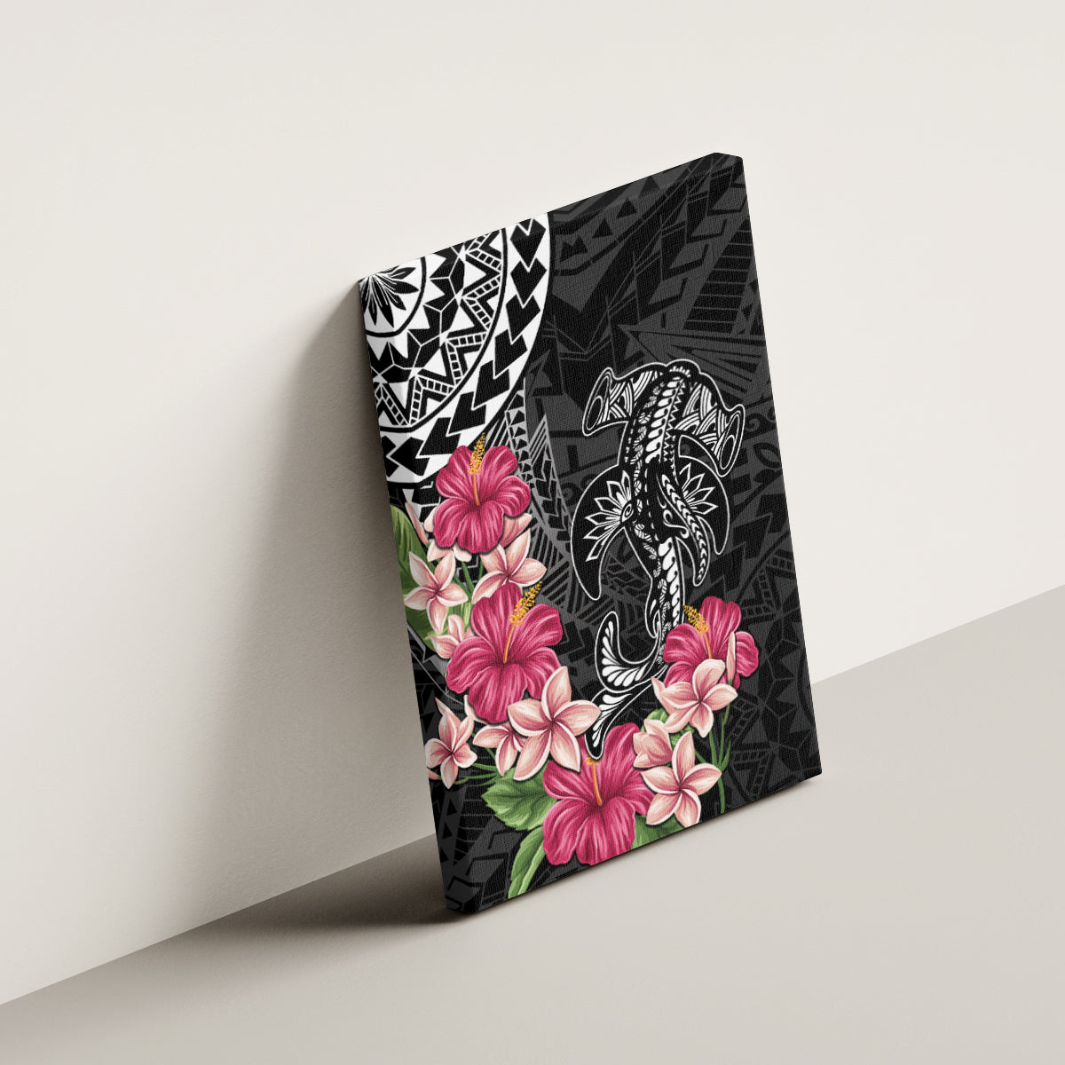 Black Polynesian Hammerhead Shark Tribal Pattern Canvas Wall Art