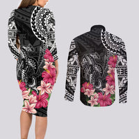 Black Polynesian Hammerhead Shark Tribal Pattern Couples Matching Long Sleeve Bodycon Dress and Long Sleeve Button Shirt LT05 - Polynesian Pride