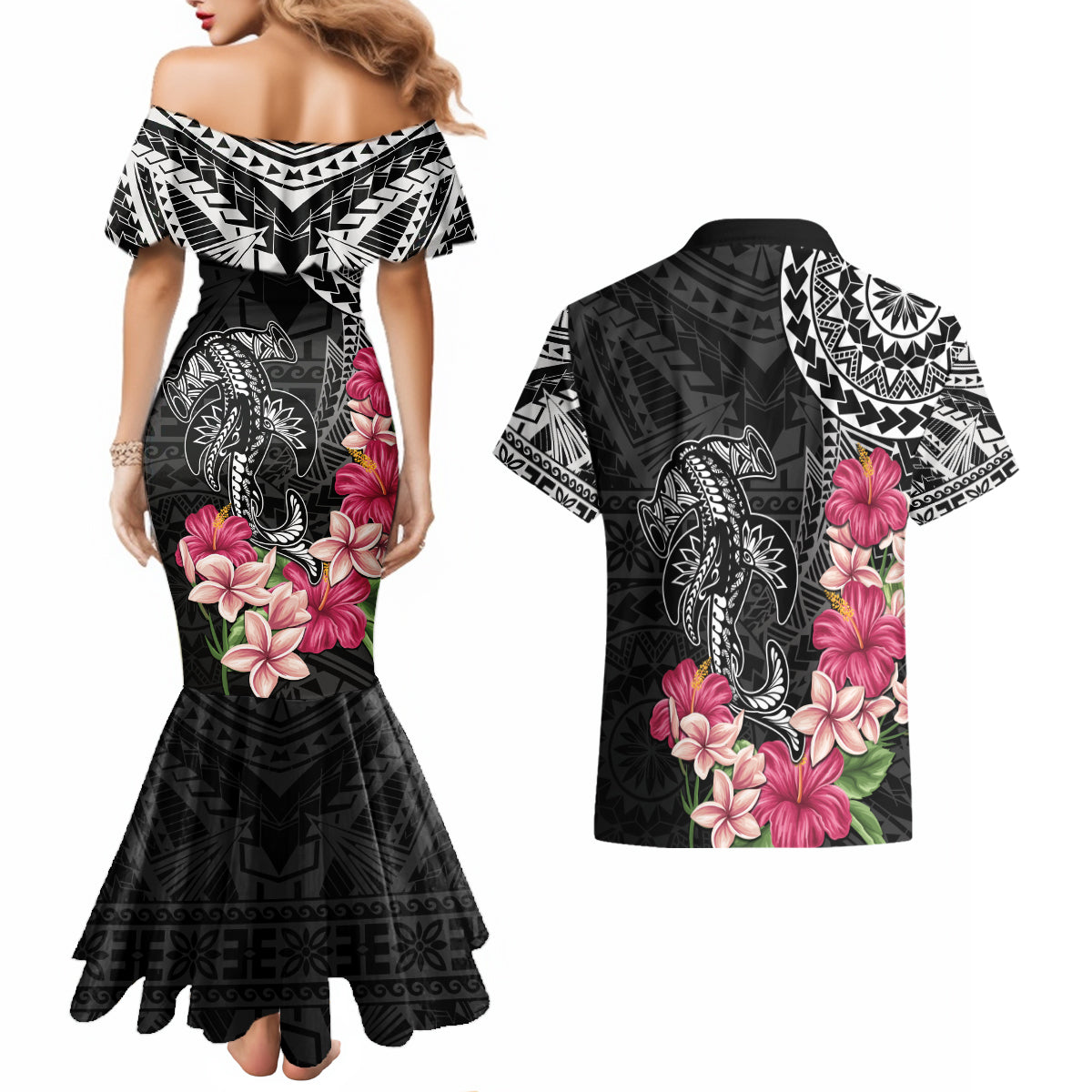 Black Polynesian Hammerhead Shark Tribal Pattern Couples Matching Mermaid Dress and Hawaiian Shirt
