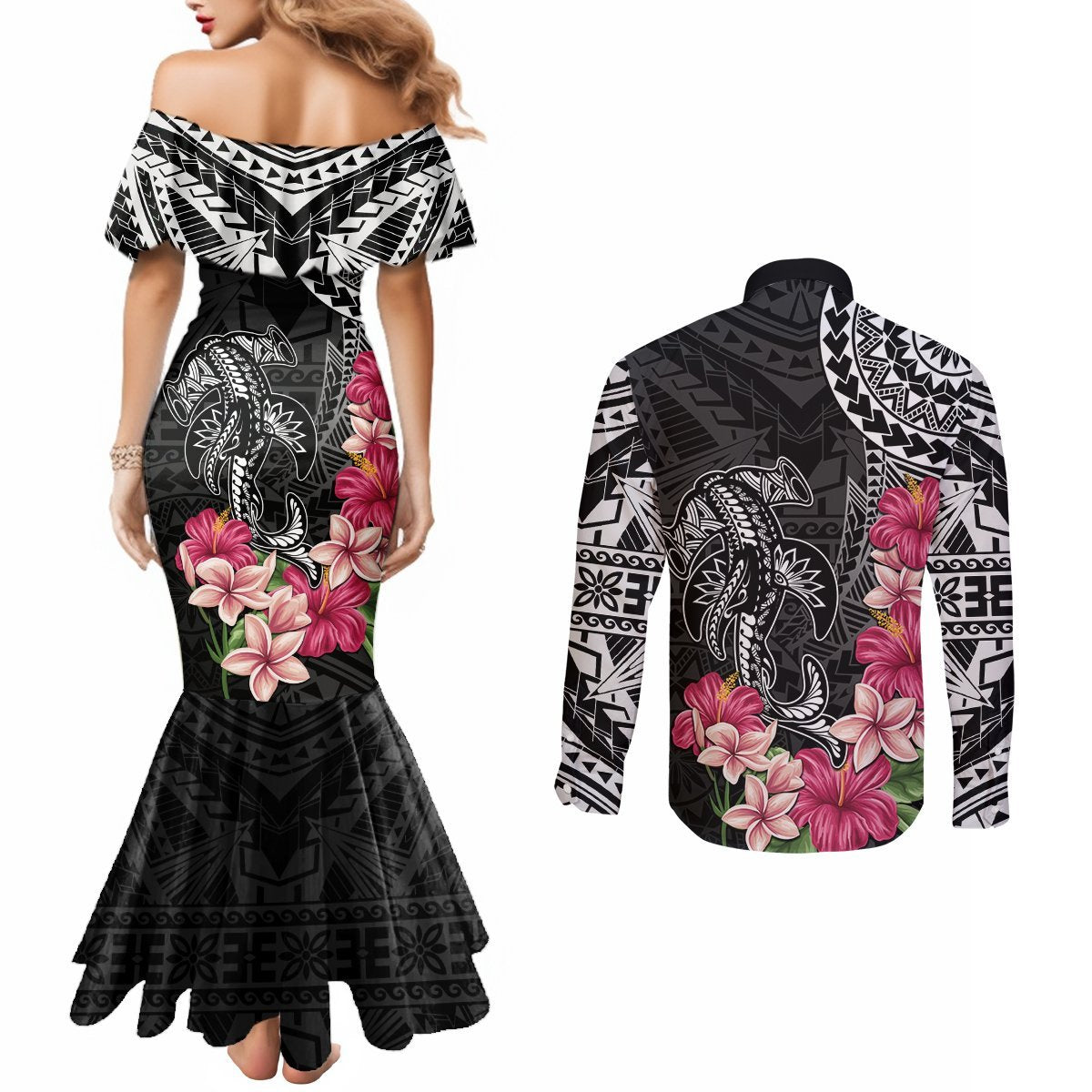 Black Polynesian Hammerhead Shark Tribal Pattern Couples Matching Mermaid Dress and Long Sleeve Button Shirt LT05 - Polynesian Pride