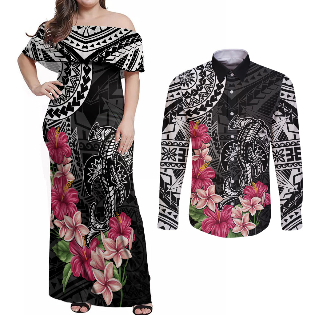 Black Polynesian Hammerhead Shark Tribal Pattern Couples Matching Off Shoulder Maxi Dress and Long Sleeve Button Shirt