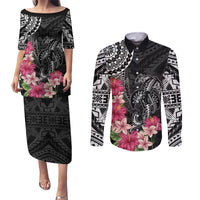 Black Polynesian Hammerhead Shark Tribal Pattern Couples Matching Puletasi and Long Sleeve Button Shirt