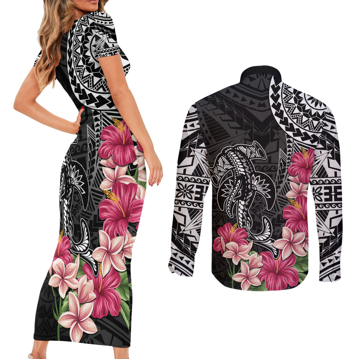 Black Polynesian Hammerhead Shark Tribal Pattern Couples Matching Short Sleeve Bodycon Dress and Long Sleeve Button Shirt LT05 - Polynesian Pride