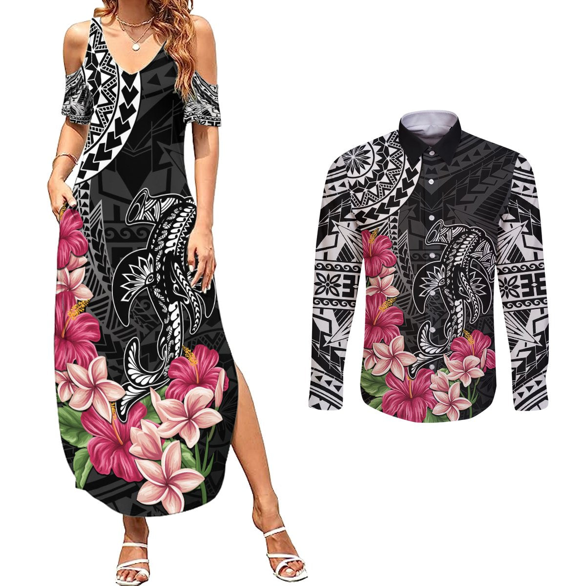 Black Polynesian Hammerhead Shark Tribal Pattern Couples Matching Summer Maxi Dress and Long Sleeve Button Shirt