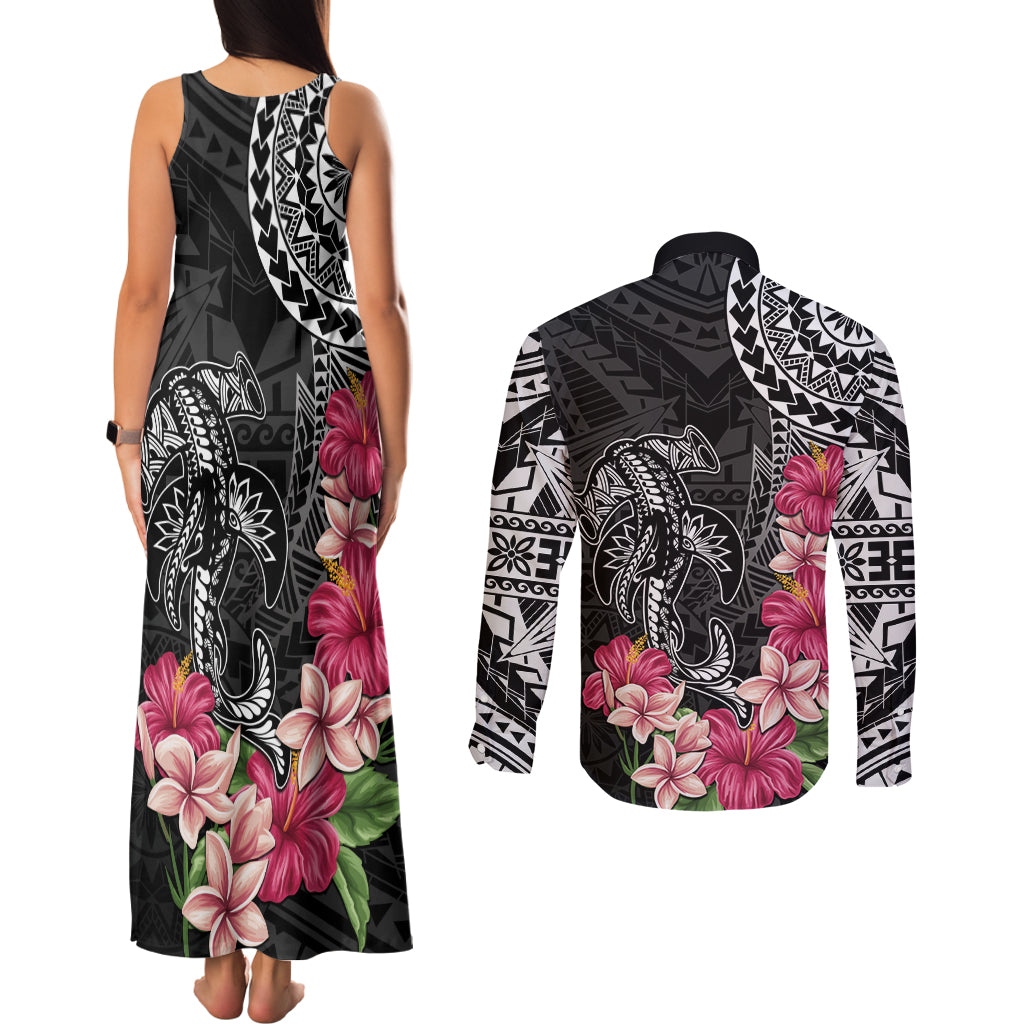 Black Polynesian Hammerhead Shark Tribal Pattern Couples Matching Tank Maxi Dress and Long Sleeve Button Shirt