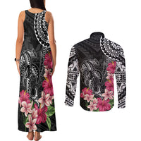 Black Polynesian Hammerhead Shark Tribal Pattern Couples Matching Tank Maxi Dress and Long Sleeve Button Shirt