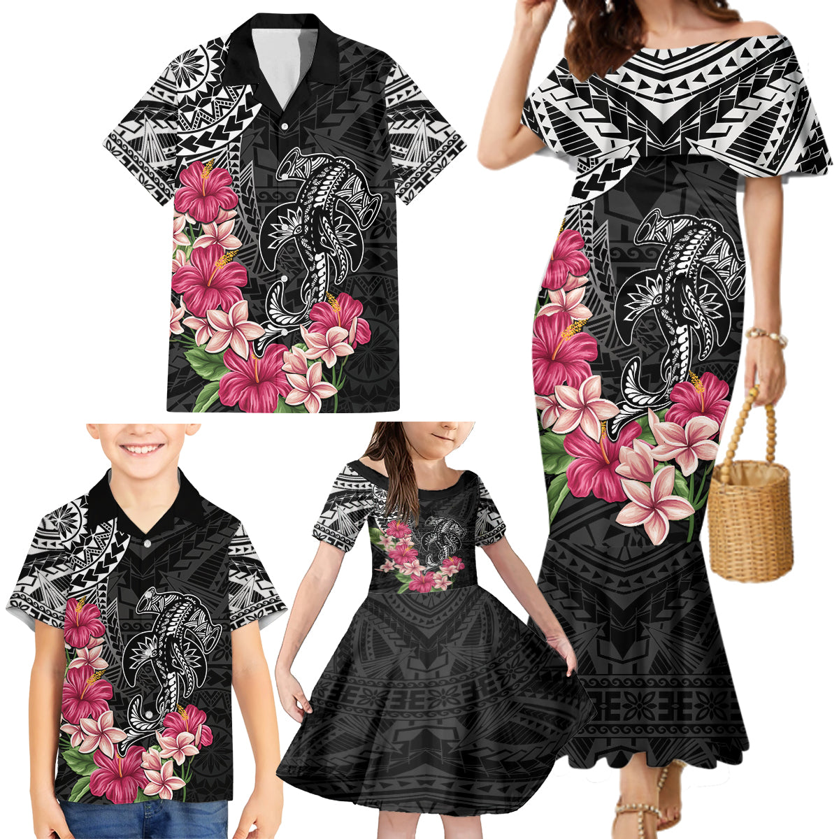 Black Polynesian Hammerhead Shark Tribal Pattern Family Matching Mermaid Dress and Hawaiian Shirt