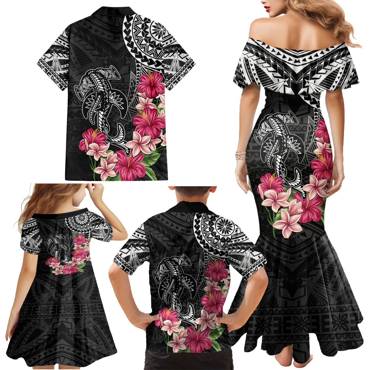 Black Polynesian Hammerhead Shark Tribal Pattern Family Matching Mermaid Dress and Hawaiian Shirt