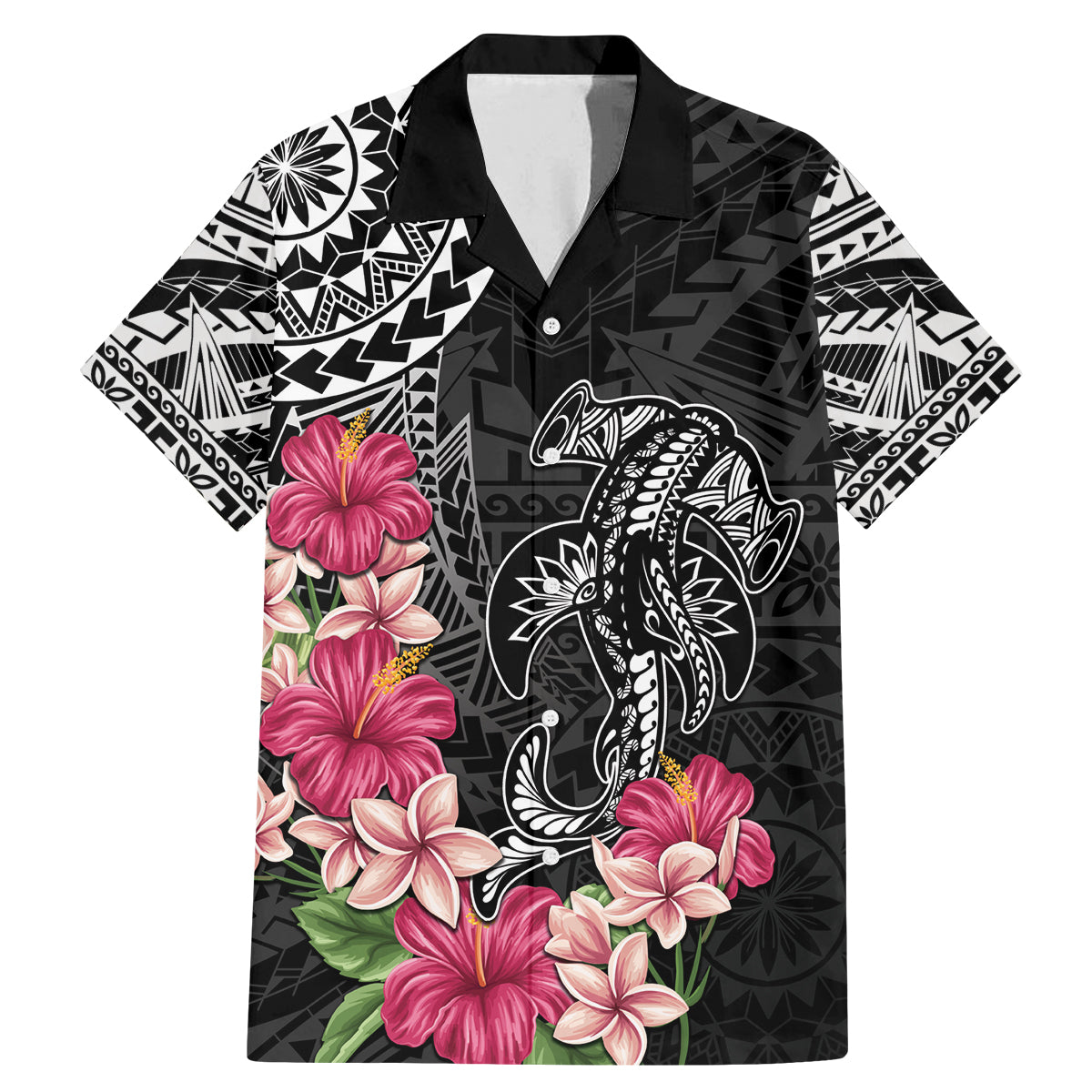 Black Polynesian Hammerhead Shark Tribal Pattern Family Matching Mermaid Dress and Hawaiian Shirt