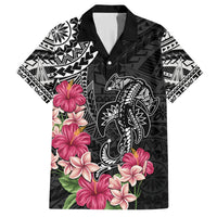 Black Polynesian Hammerhead Shark Tribal Pattern Family Matching Off The Shoulder Long Sleeve Dress and Hawaiian Shirt
