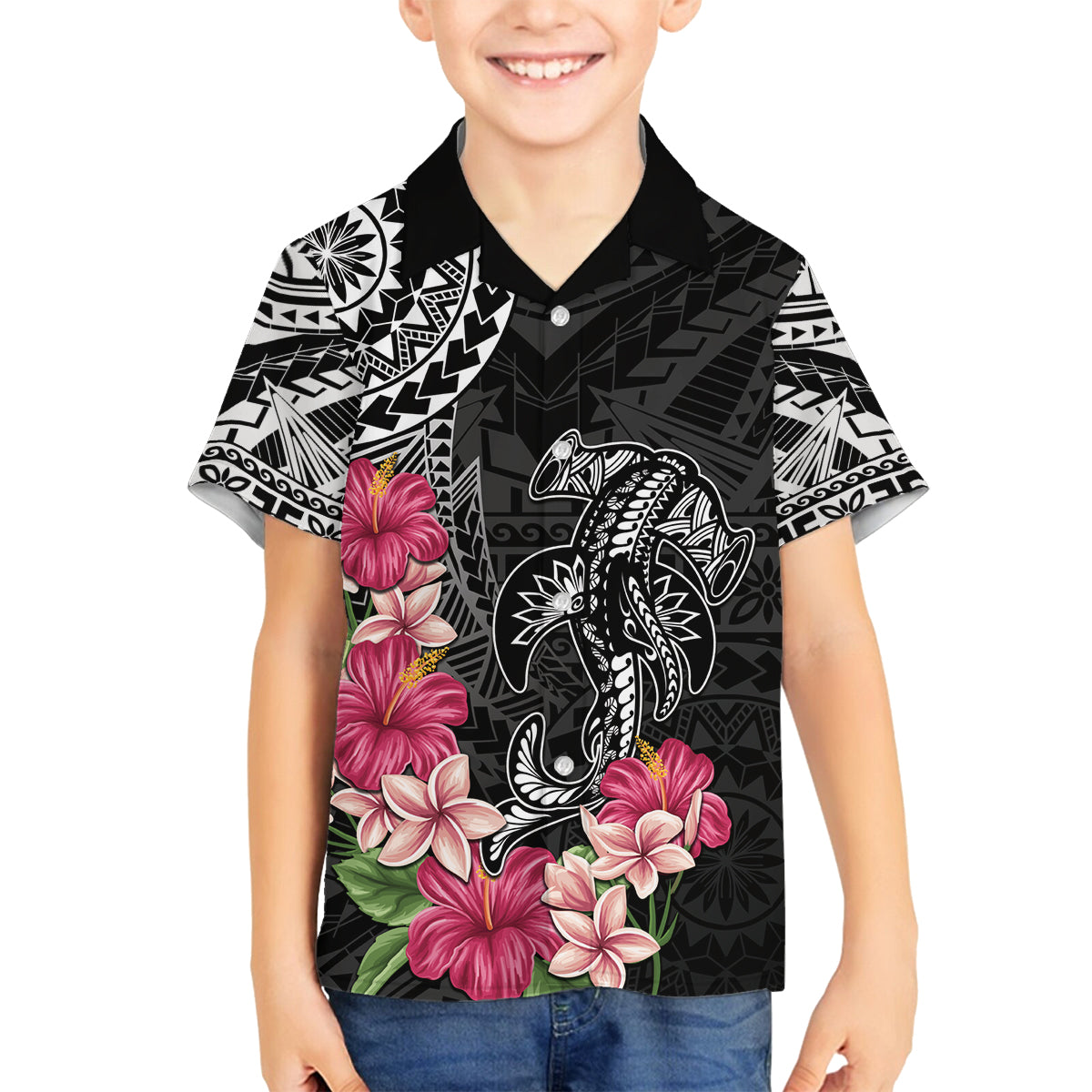 Black Polynesian Hammerhead Shark Tribal Pattern Family Matching Off The Shoulder Long Sleeve Dress and Hawaiian Shirt