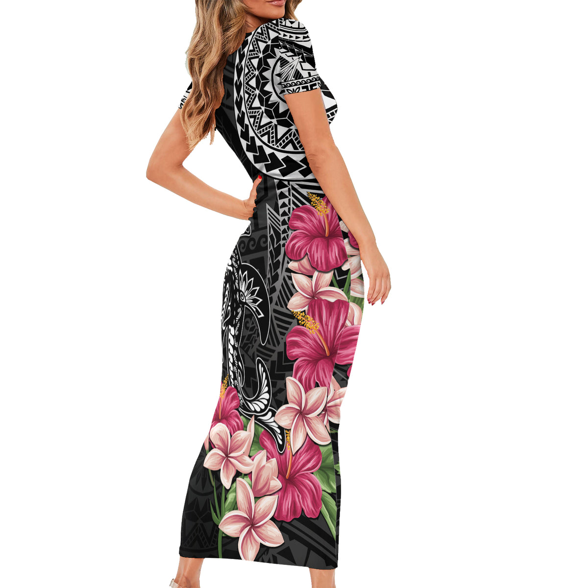 Black Polynesian Hammerhead Shark Tribal Pattern Family Matching Short Sleeve Bodycon Dress and Hawaiian Shirt