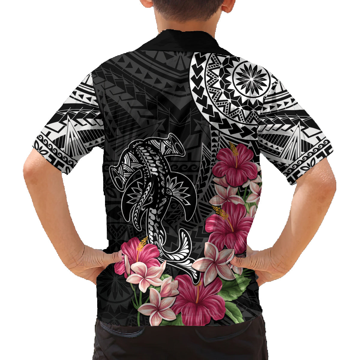 Black Polynesian Hammerhead Shark Tribal Pattern Family Matching Tank Maxi Dress and Hawaiian Shirt