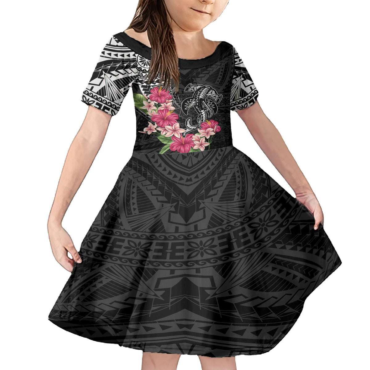 Black Polynesian Hammerhead Shark Tribal Pattern Family Matching Tank Maxi Dress and Hawaiian Shirt