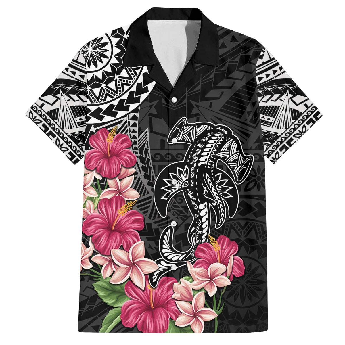 Black Polynesian Hammerhead Shark Tribal Pattern Family Matching Tank Maxi Dress and Hawaiian Shirt