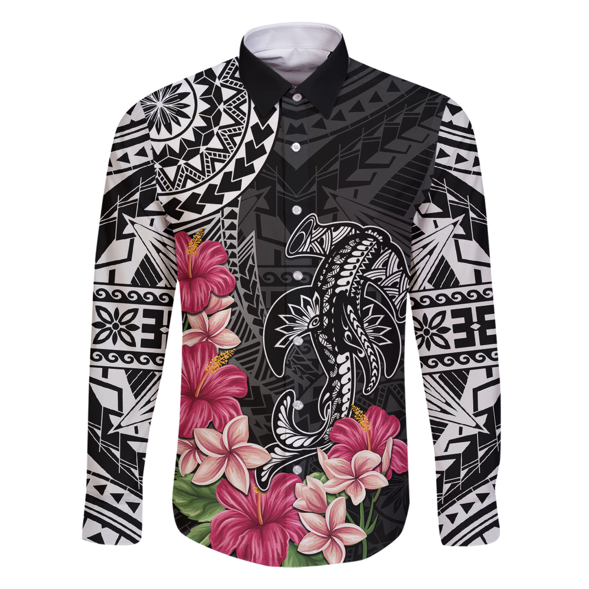 Black Polynesian Hammerhead Shark Tribal Pattern Family Matching Tank Maxi Dress and Hawaiian Shirt
