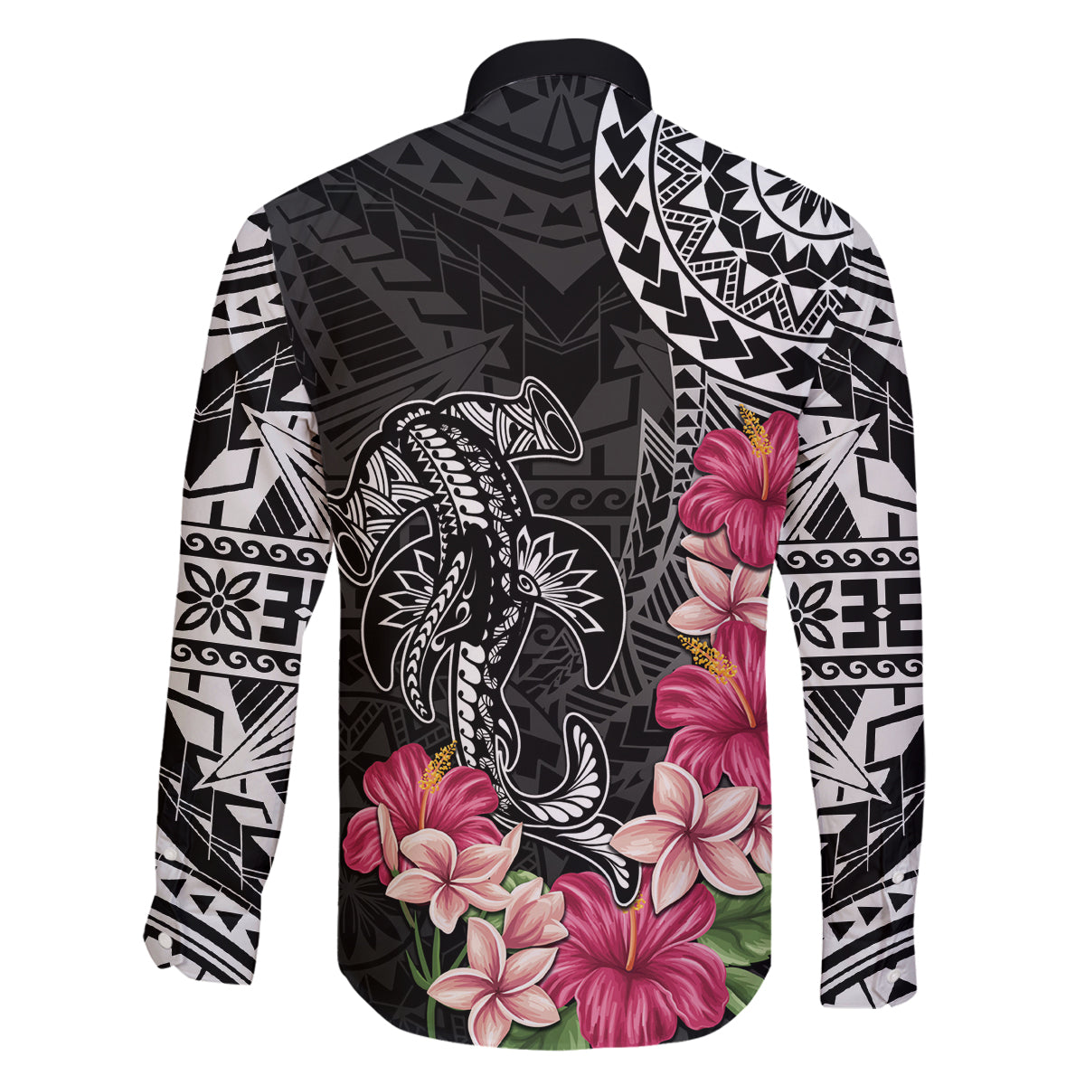 Black Polynesian Hammerhead Shark Tribal Pattern Family Matching Tank Maxi Dress and Hawaiian Shirt