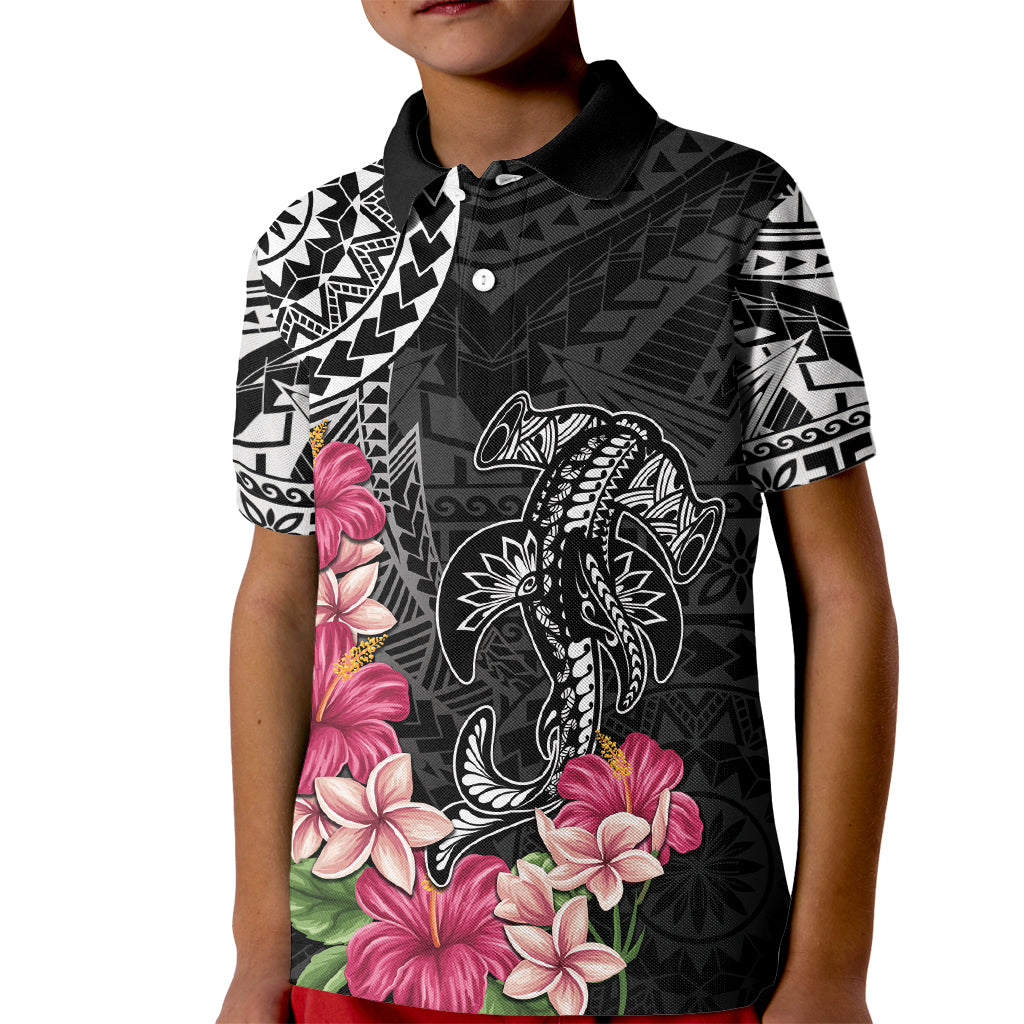 Black Polynesian Hammerhead Shark Tribal Pattern Kid Polo Shirt