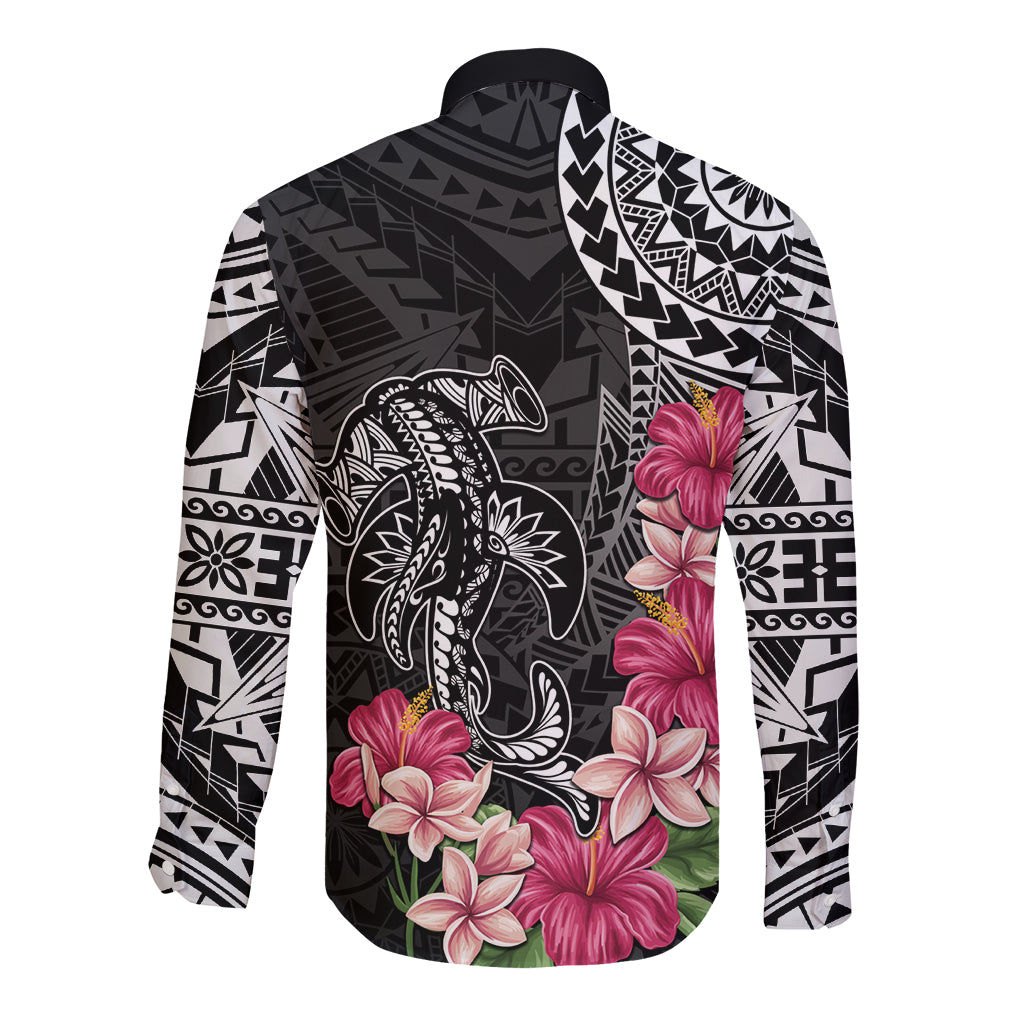 Black Polynesian Hammerhead Shark Tribal Pattern Long Sleeve Button Shirt LT05 - Polynesian Pride