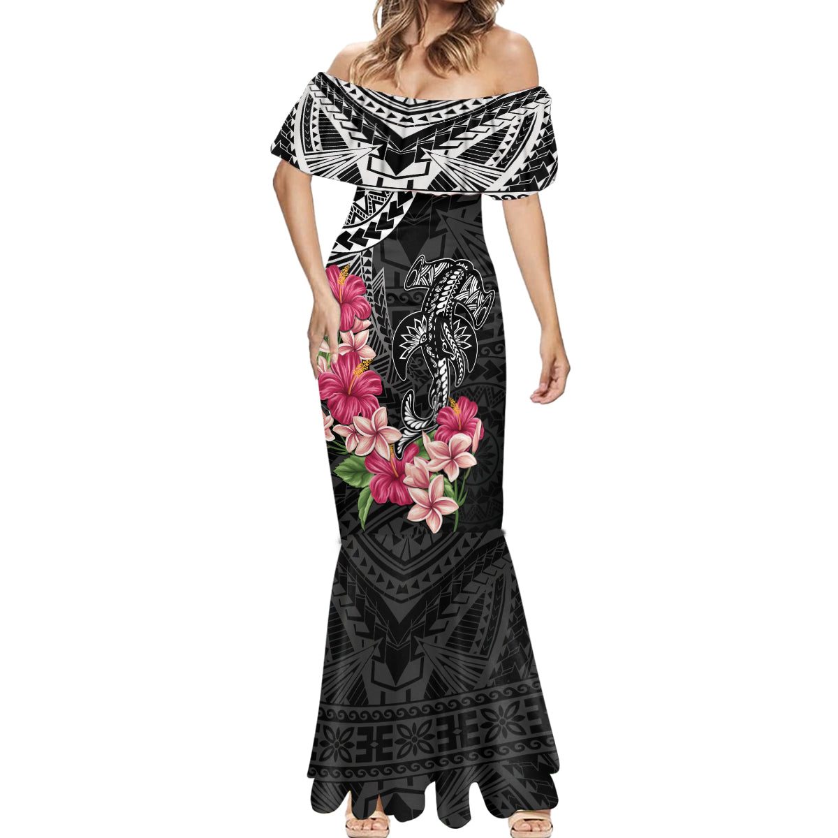 Black Polynesian Hammerhead Shark Tribal Pattern Mermaid Dress