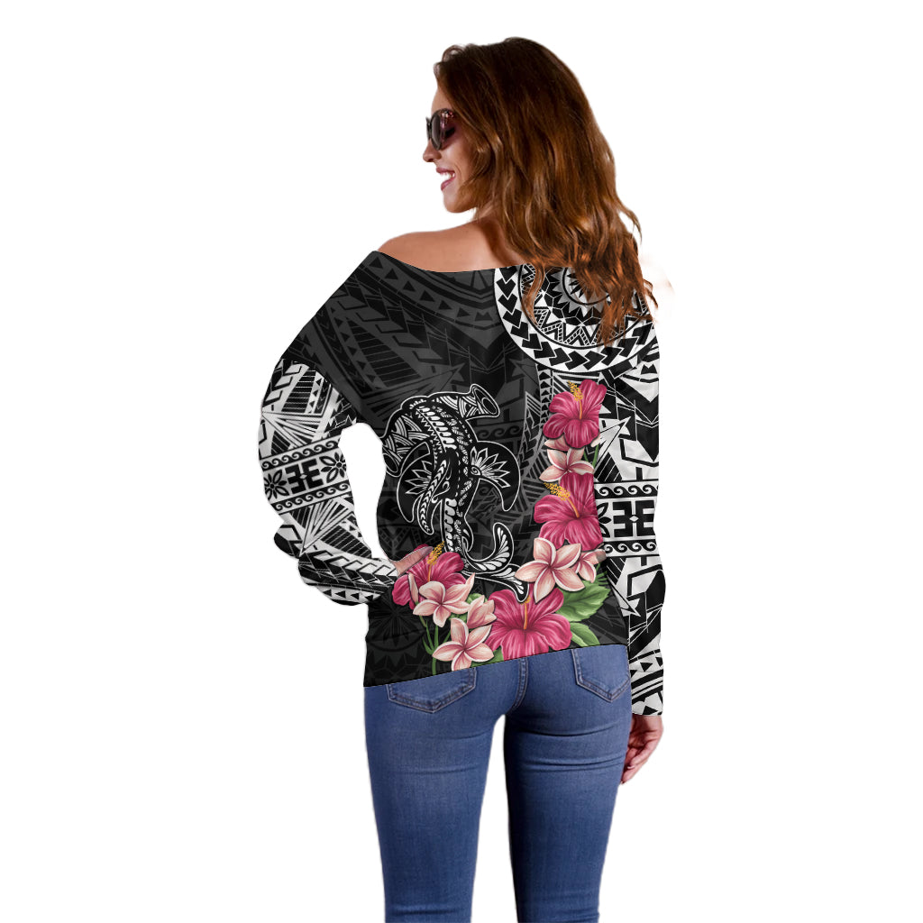 Black Polynesian Hammerhead Shark Tribal Pattern Off Shoulder Sweater LT05 - Polynesian Pride