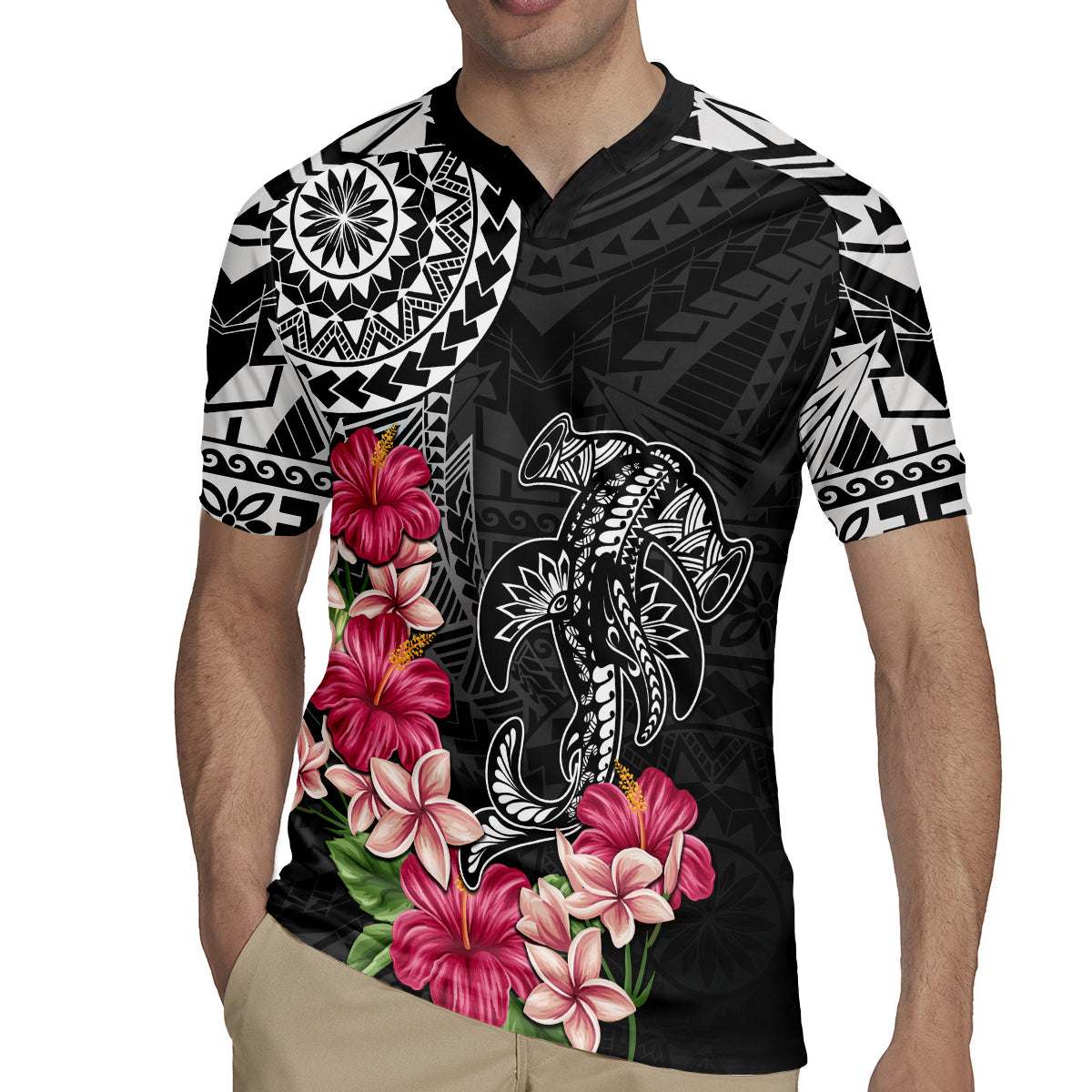 Black Polynesian Hammerhead Shark Tribal Pattern Rugby Jersey LT05 - Polynesian Pride