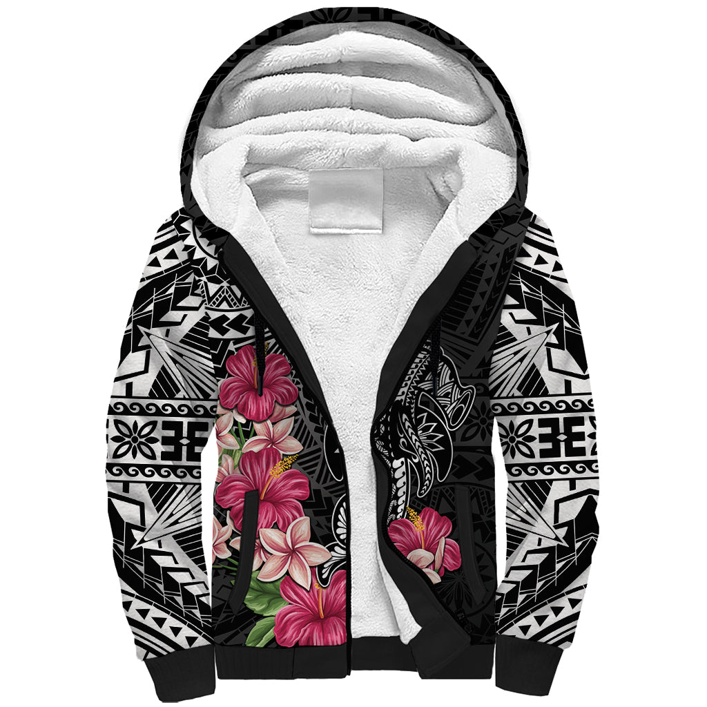 Black Polynesian Hammerhead Shark Tribal Pattern Sherpa Hoodie