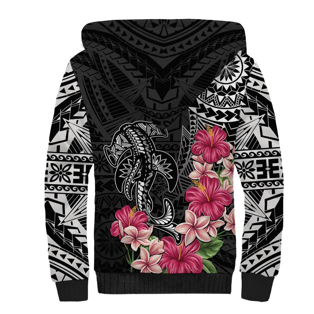 Black Polynesian Hammerhead Shark Tribal Pattern Sherpa Hoodie